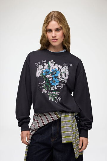 Model wearing graphic long sleeve T-shirt