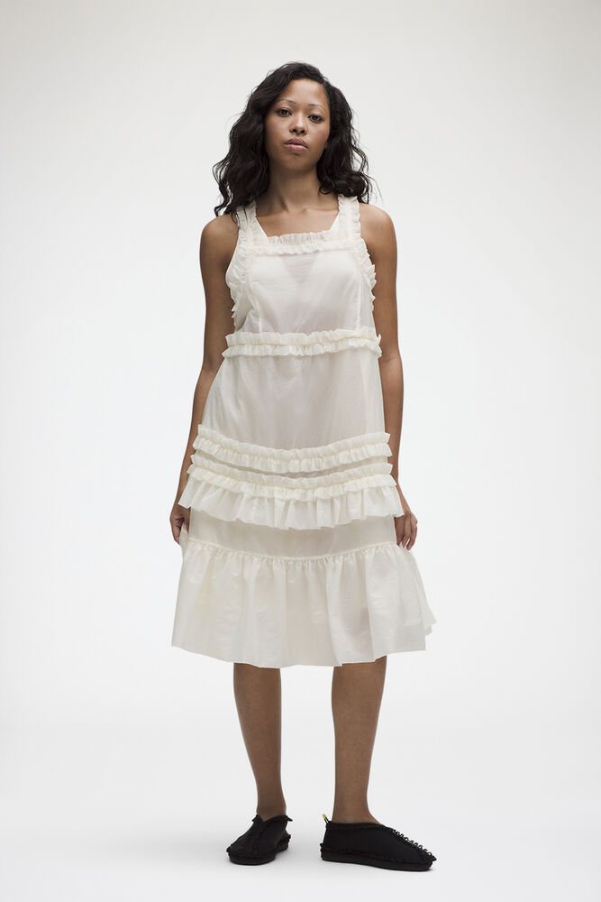Ruffle-Trim Textured Midi Dress, Coconut Ivory