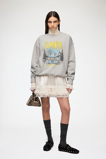Model wearing grey sweatshirt