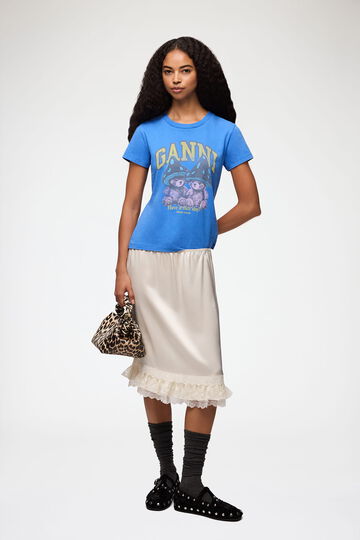 Model wearing skirt in white satin