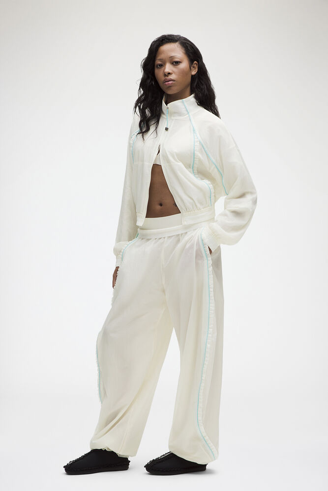 Ruffle-Trim Textured MR Pants, Coconut Ivory